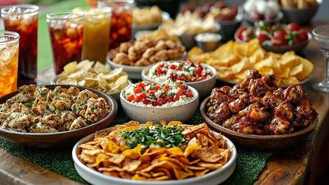 Abundant game day spread with various dips, wings, chips, and drinks