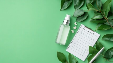 Clear skincare bottles beside a pen, checklist, and ingredient journal