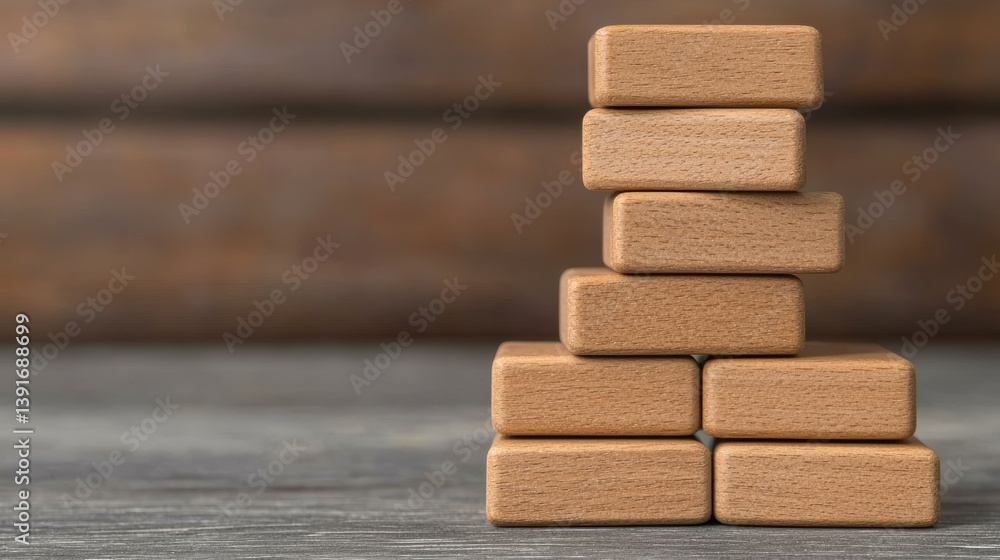 Poster stacked wooden blocks on a rustic table top in soft natural light background