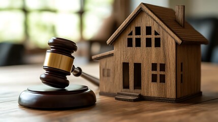 real estate law concept with gavel and wooden house model on table representing property disputes legal authority court proceedings and ownership rights