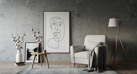 A serene minimalist living space featuring a striking line art portrait above a cozy armchair, complemented by soft lighting and natural elements.