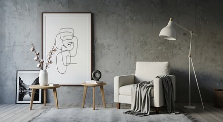 Serene sanctuary: A minimalist armchair bathed in soft light, complemented by abstract art and subtle natural elements, creating a calming atmosphere.