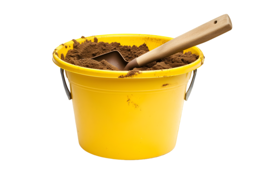 Scooping Dirt with Shovel Inside a Yellow Bucket for Gardening - Powered by Adobe
