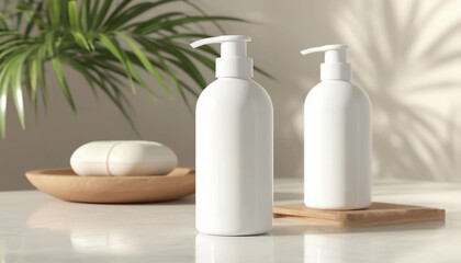 White cosmetic bottles with pump dispensers on a wooden tray with soap and green plant.