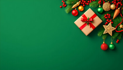 Christmas Gift Box with Red Ribbon and Festive Decorations on Green Background