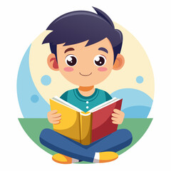 Boy Reading Book Vector | Line Art Generative AI Illustration | Printable Graphic Design