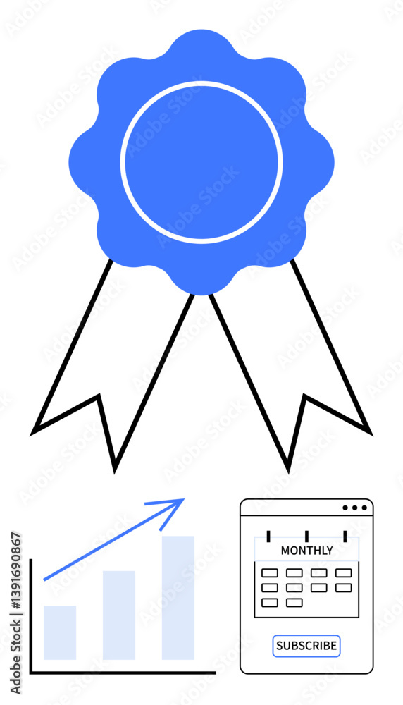 Poster blue ribbon symbolizing recognition, success. bar chart with upward arrow and subscription calendar.