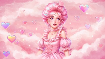 Fototapeta premium A dreamy illustration of a girl surrounded by pink clouds and hearts.