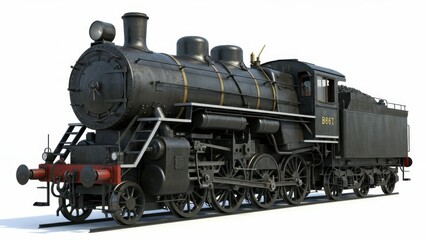 A vintage black steam engine train isolated on a white background.