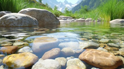 Clear Mountain Stream with Smooth Rocks and Sunlight Reflection