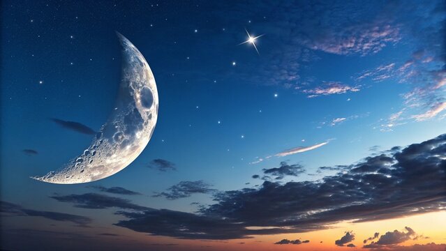 "Close-up da lua crescente em um c&eacute;u azul vibrante ao amanhecer, com algumas estrelas ainda vis&iacute;veis. Estilo cinematogr&aacute;fico com tons dram&aacute;ticos e ilumina&ccedil;&atilde;o suave, perfeito para capas de livros ou po