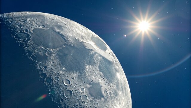 "Vis&atilde;o ampliada da lua crescente no c&eacute;u azul com efeito de lente de c&acirc;mera, como se fosse capturada por um telesc&oacute;pio moderno. Estilo hiper-realista, com foco nos detalhes das crateras e da sombra lun