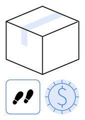 Box with tape, footprints, and dollar symbol suggests shipping, logistics, payment, and tracking. Ideal for e-commerce, delivery, logistics payment movement commerce flat simple metaphor