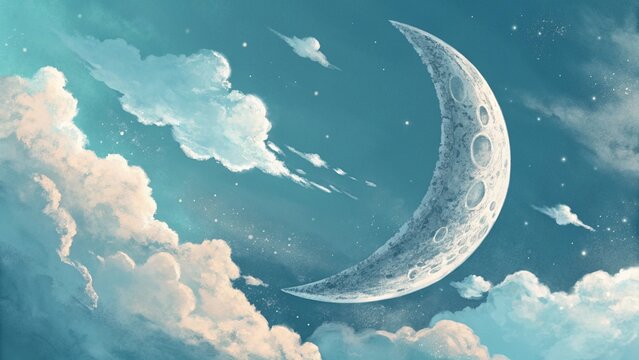 "Ilustra&ccedil;&atilde;o art&iacute;stica da lua crescente vista de perto, pairando em um c&eacute;u azul pastel com nuvens delicadas ao redor. Estilo pintura digital com pinceladas suaves e atmosfera serena, ideal para decora&ccedil;