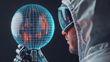Futuristic astronaut holding a glowing holographic globe, exploring digital data in a dark setting