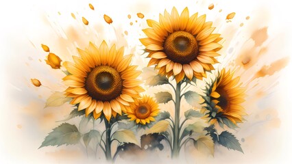 Watercolor Sunflowers in Full Bloom with Soft Light Background and Subtle Textural Details Creates a Delicate Floral Display
