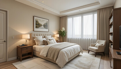 Fototapeta premium Bedroom Interior Design with Comfortable Bed Neutral Tones and Natural Light