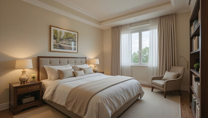 Fototapeta premium Elegant Bedroom Interior with Natural Light and Comfortable Furniture