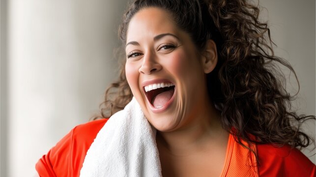 Happy woman with towel over shoulder after workout session