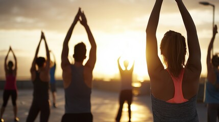 Group of people doing sunrise yoga on rooftop