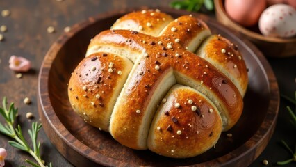 Delicious Easter hot cross buns with egg decorations for festive spring celebrations