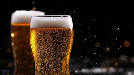 Two glasses of light beer with frothy heads, sparkling and ready to drink.  A close-up shot of the drinks against a dark background with golden bokeh