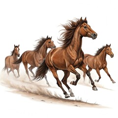 Brown Horses racing on white Field background
