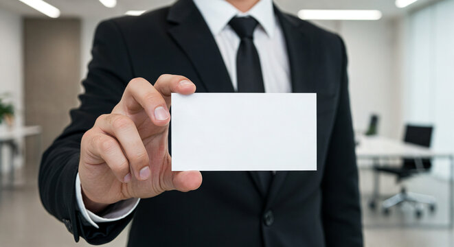 Cart&atilde;o de visita em branco na m&atilde;o de um empres&aacute;rio, ambiente corporativo, apresenta&ccedil;&atilde;o de identidade profissional.