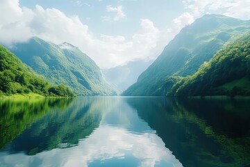 Fototapeta premium A tranquil lake surrounded by lush green mountains, reflecting the sky, cinematic realism,