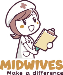 Caring Midwife: A cheerful depiction of a dedicated midwife, depicted in an illustration format, poised with a clipboard, embodying warmth and compassionate care.