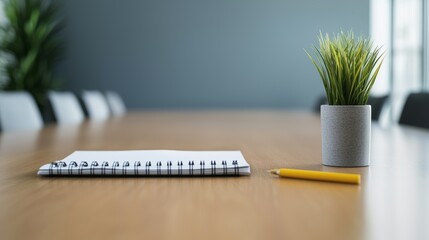 Clean Workspace with Notepad, Pencil, and Potted Plant on Wooden Table