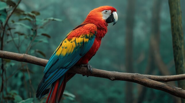 A vibrant tropical parrot perched on a branch with a blurred jungle background.