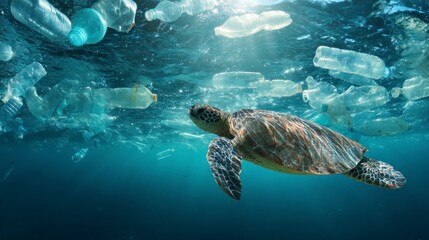 Obraz premium Sea Turtle Swimming Through Ocean Polluted with Plastic Bottles Waste