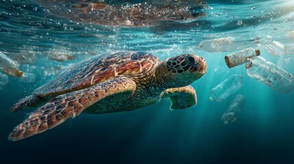 Obraz premium Sea Turtle Swimming Through Plastic Contaminated Water Underwater Ocean Scene