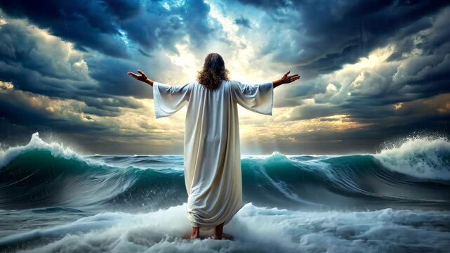 Jesus Christ with outstretched arms walks on the sea waves, symbolizing faith and divine presence