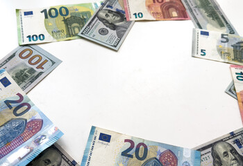 Multi currency note, bank bills and coins indicate world economy during war crisis. Money relate to all circumstances in the world events including stock exchange and fair trade link between countries