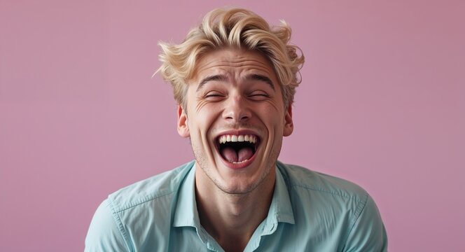 blonde 20s man on colorful plain bright background happy laughing hysterical looking at camera portrait banner with copy space ad concept marketing