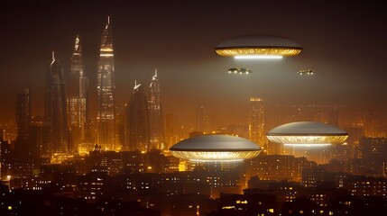 Futuristic cityscape at night with hovering spacecraft and illuminated skyscrapers in background