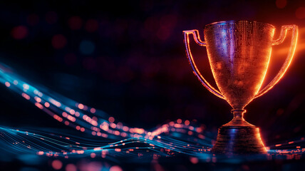 glowing trophy stands against vibrant digital background, symbolizing achievement and success. abstract light trails enhance celebratory mood