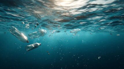 Naklejka premium Plastic Bottles Floating Underwater Showing Pollution Contributing to Environmental Issues