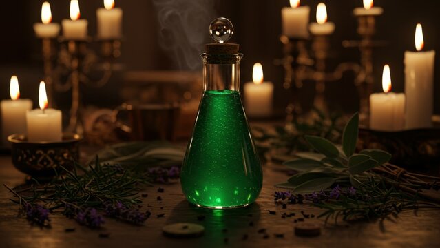 A glowing green potion with candles and herbs in a dark, mystical setting.