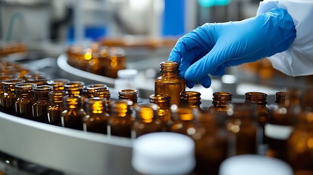 healthcare manufacturing technician in blue gloves handling amber bottles on conveyor belt in pharmaceutical lab environment focusing on medicine packaging quality and production standards - Powered by Adobe