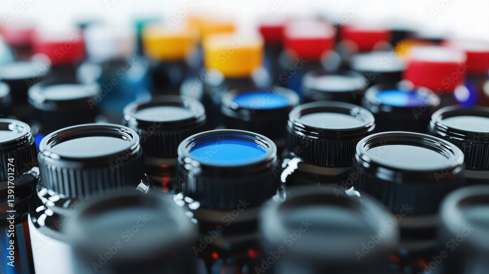 Poster bottles of colorful liquid in science: a macro shot captures a grid of colorful, precisely arranged 