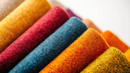 Textile Color Array: A visually captivating arrangement of diverse, vibrantly colored fabrics, showcasing the exquisite textures and shades of meticulously crafted textiles.