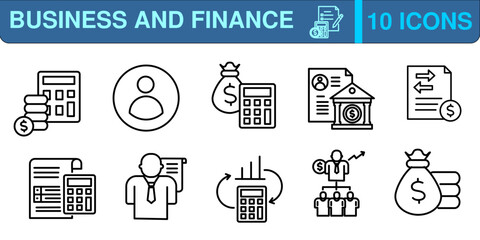 Title Set of 10 Business and Finance web icons in line style. accounts,
profile user,
profit,
bank account,
statements,
document,
accountant,
data analysis
organization,
finance
. Vector illustration.