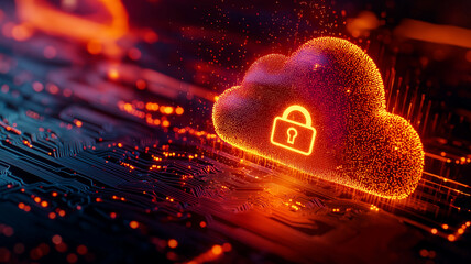 glowing cloud with padlock icon symbolizes digital security and data protection. vibrant colors and intricate details highlight importance of safeguarding information in digital age
