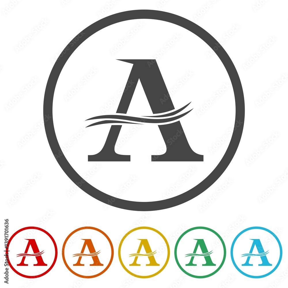 Poster a letter logo with wave. set icons in color circle buttons