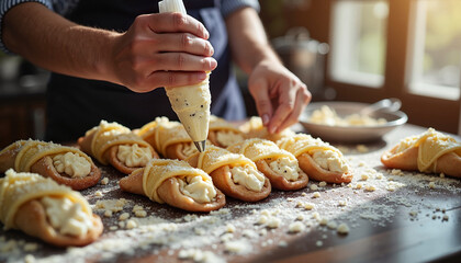 Person filling cannoli with ricotta cream in cozy kitchen setting