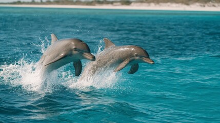 Obraz premium Two Dolphins Jumping From the Ocean Water Near Sandy Coastline