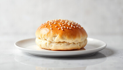 Sesame brioche bun on white plate with marble background